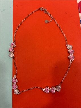 Pink Heart Crystal Station Necklace - Silver Tone